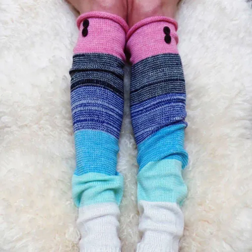 { Leg warmers/boot toppers/hand warmers } Pink, blue, grey stripes.