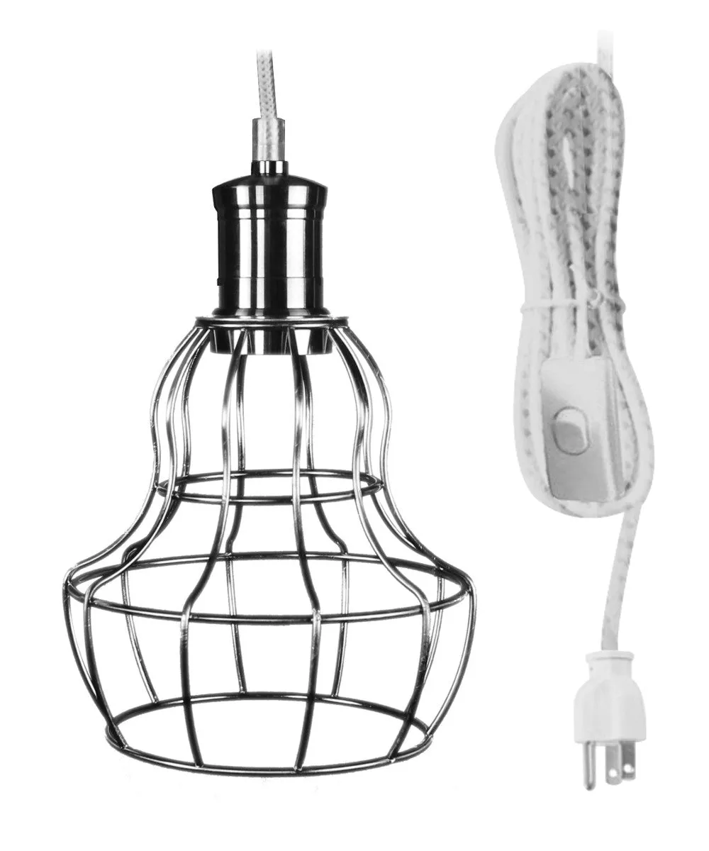 1 Light Brushed Nickel 17' White/Grey Plug In Swag  Light with Polished Nickel Cage Pendant by Home Concept