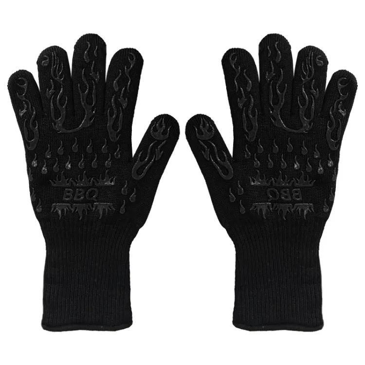 1 Pair High Temperature Resistant Silicone BBQ Gloves  Anti-Scalding Gloves(BBQ Flame Black)