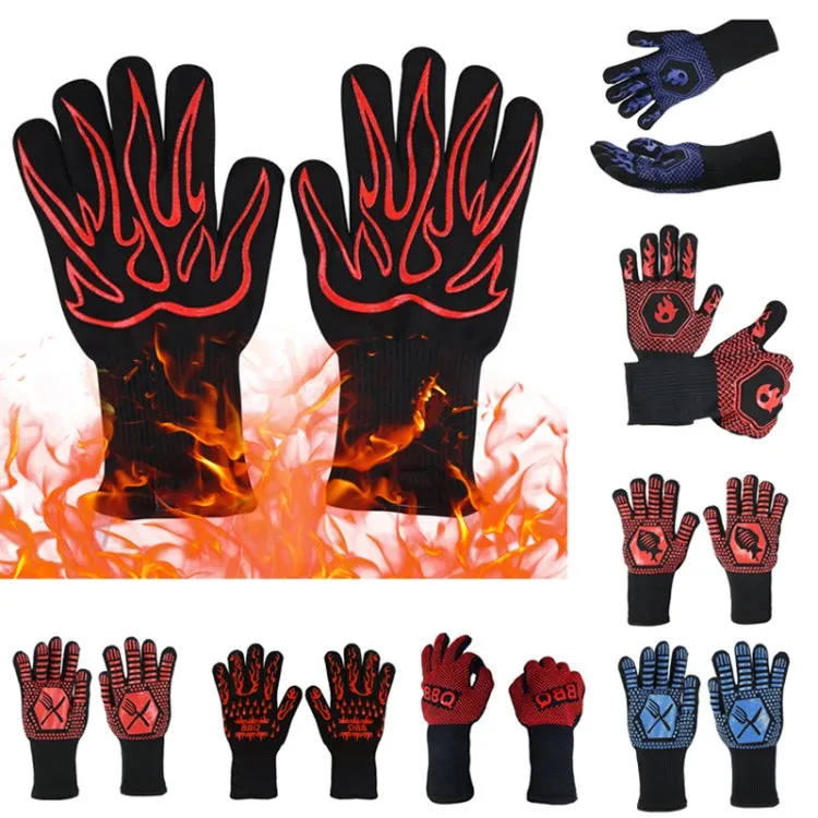 1 Pair High Temperature Resistant Silicone BBQ Gloves  Anti-Scalding Gloves(BBQ Flame Black)