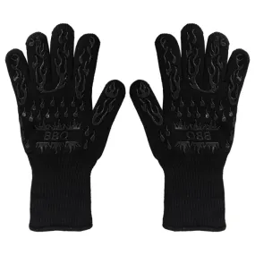 1 Pair High Temperature Resistant Silicone BBQ Gloves  Anti-Scalding Gloves(BBQ Flame Black)