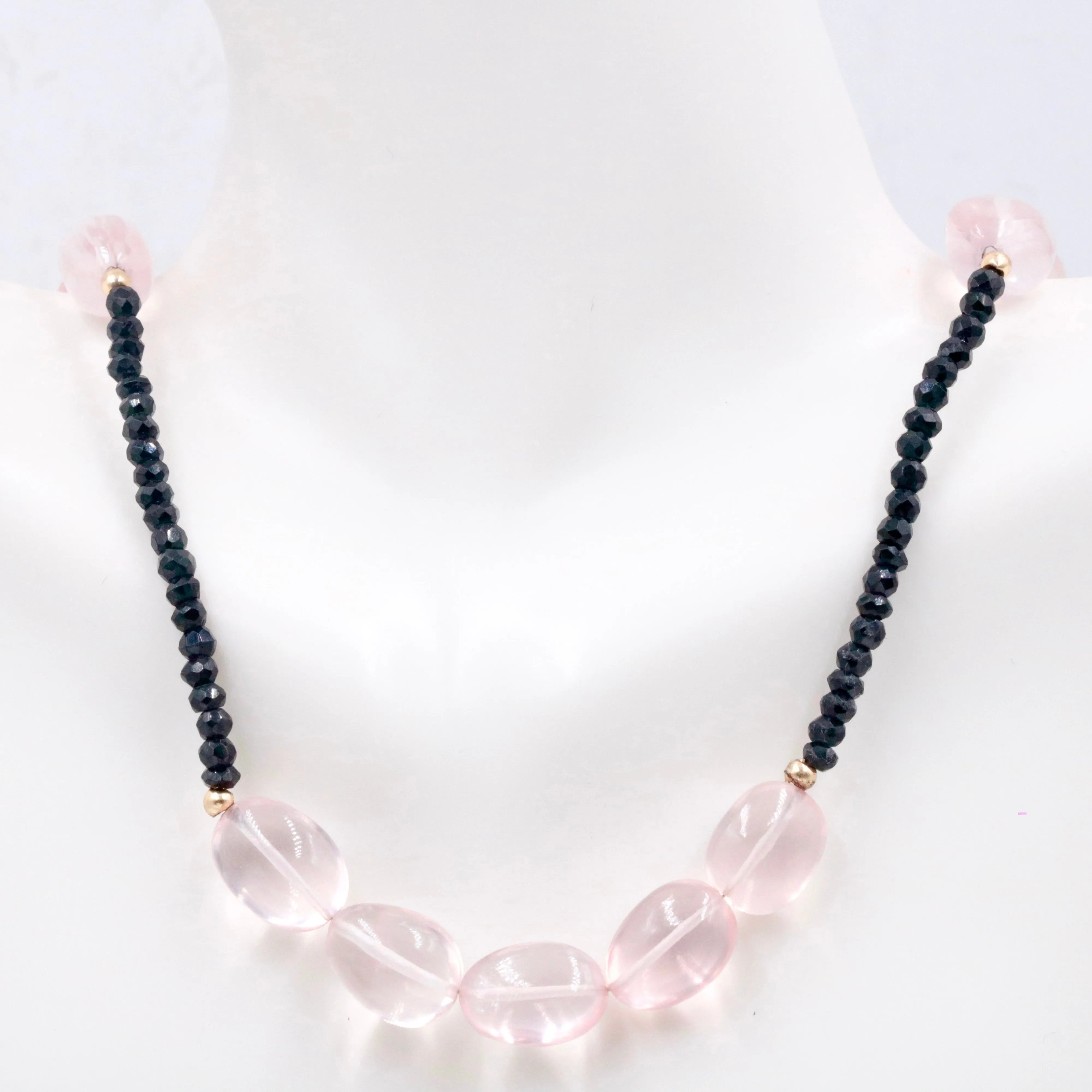 14KY Natural Rose Quartz Necklace Rose Quartz w/ Black Spinel Natural Gemstone Necklace Beaded Necklace Genuine Gemstone Necklace SKU 108932