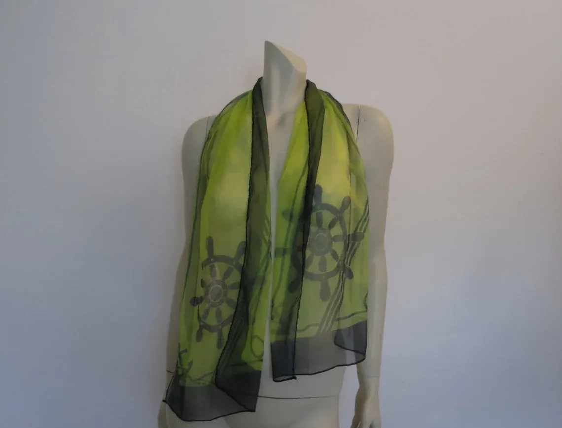 1960s Dark Green & Yellow Sheer Nautical Scarf