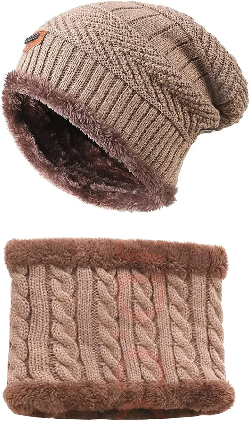 2 Piece Set Beanie Hat & Neck Scarf - Warm Thick Cable Knitted