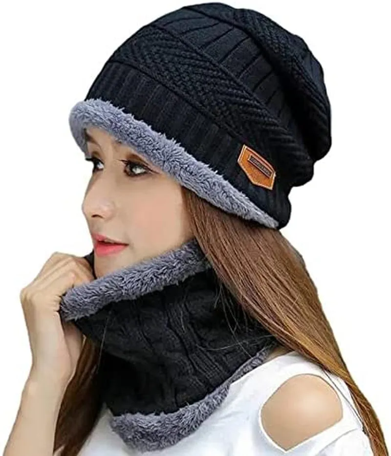 2 Piece Set Beanie Hat & Neck Scarf - Warm Thick Cable Knitted