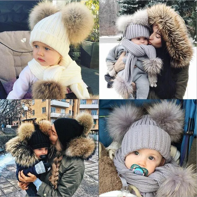 2 Pieces Set Girls Boys Cute Winter Kids Baby Hats Keep Warm Set Children Knit Wool Fur Double Ball Hat Crochet Cap Scarf Set