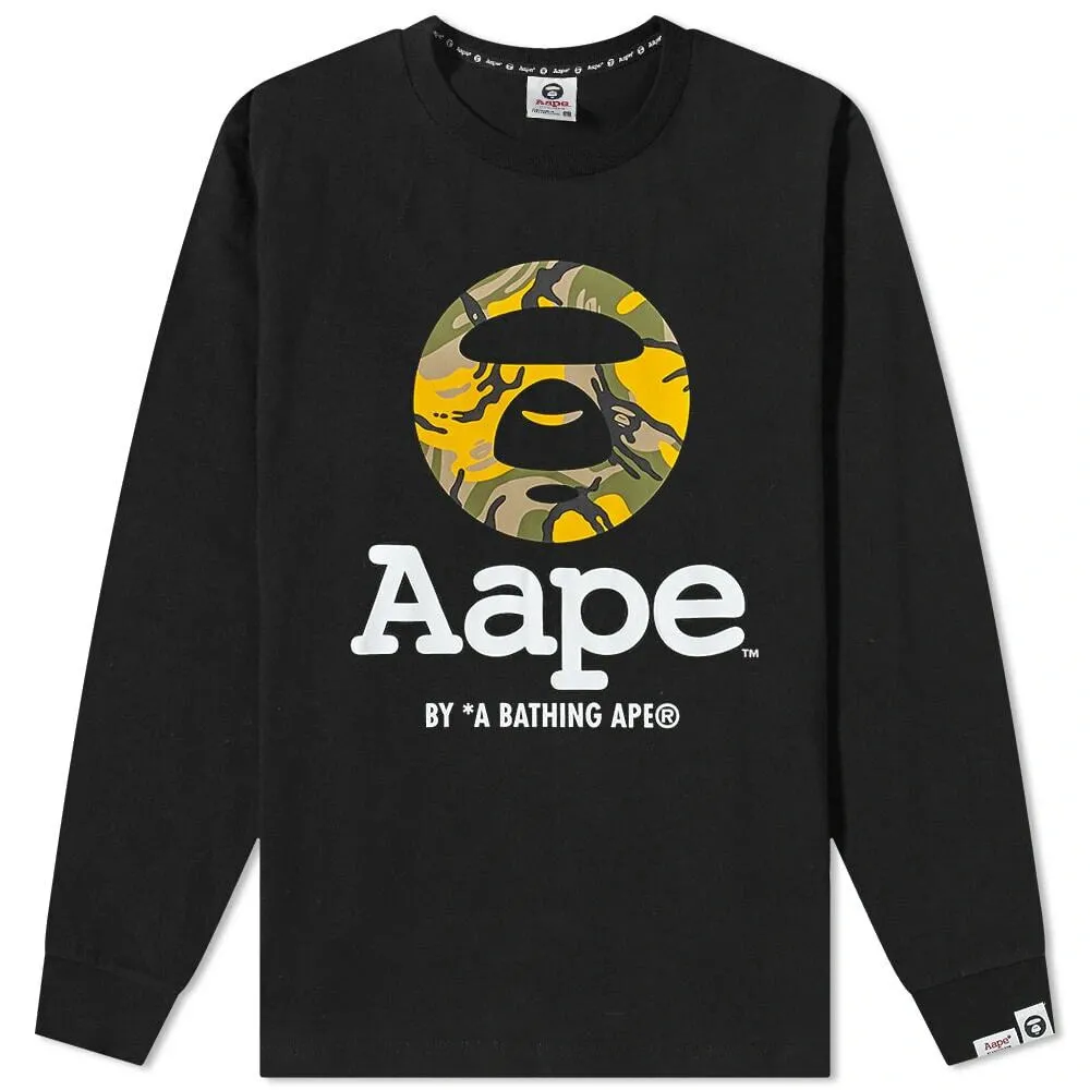 AAPE Men's Long Sleeve Camo Moon Face T-Shirt in Black