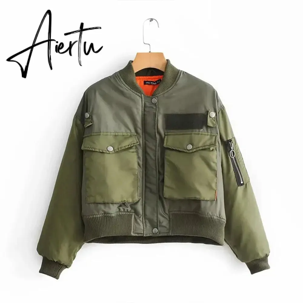 Aiertu  Winter Thicken Bomber Jacket Women Zipper Cropped Coat Long Sleeve Oversized Outwear Vintage Puffer Jackets Parkas