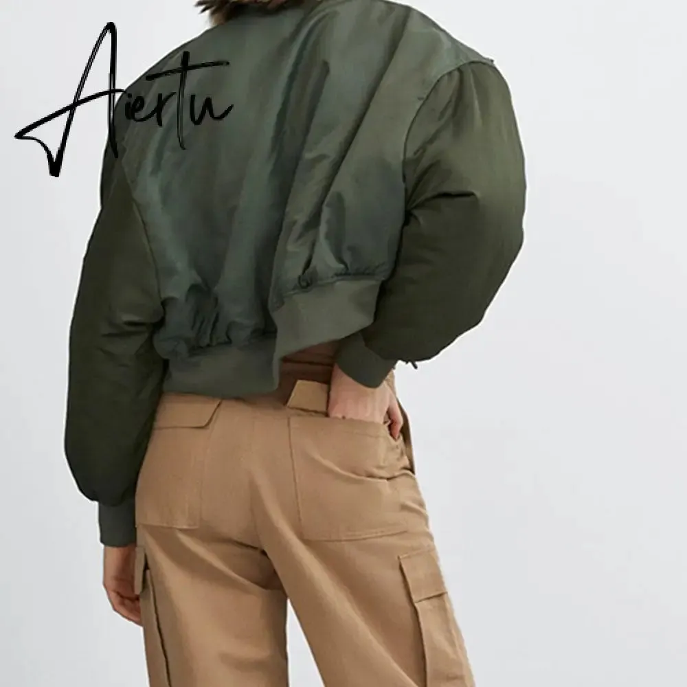 Aiertu  Winter Thicken Bomber Jacket Women Zipper Cropped Coat Long Sleeve Oversized Outwear Vintage Puffer Jackets Parkas