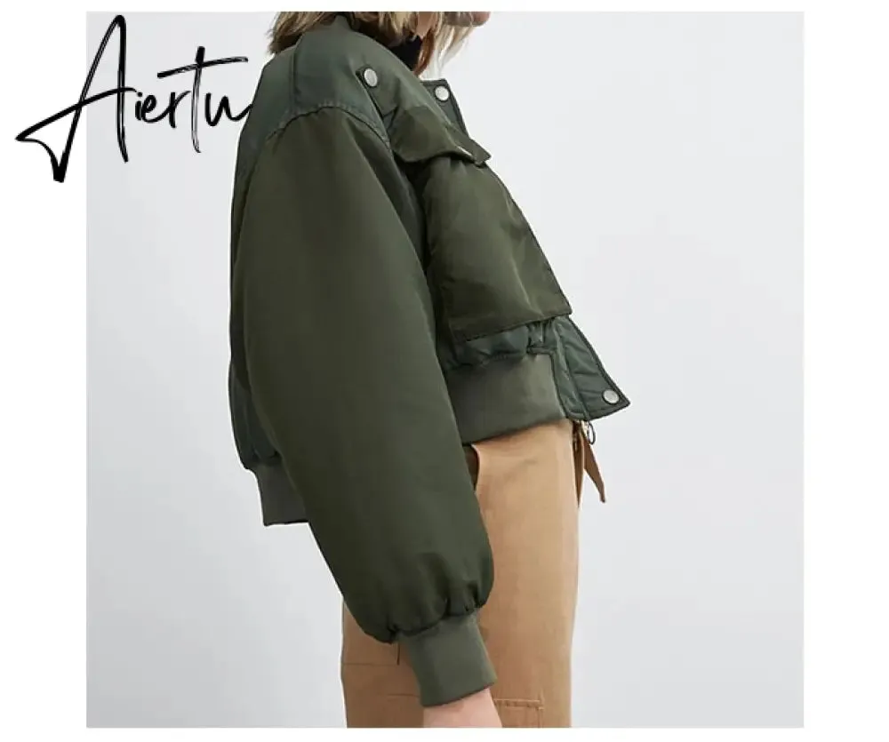 Aiertu  Winter Thicken Bomber Jacket Women Zipper Cropped Coat Long Sleeve Oversized Outwear Vintage Puffer Jackets Parkas