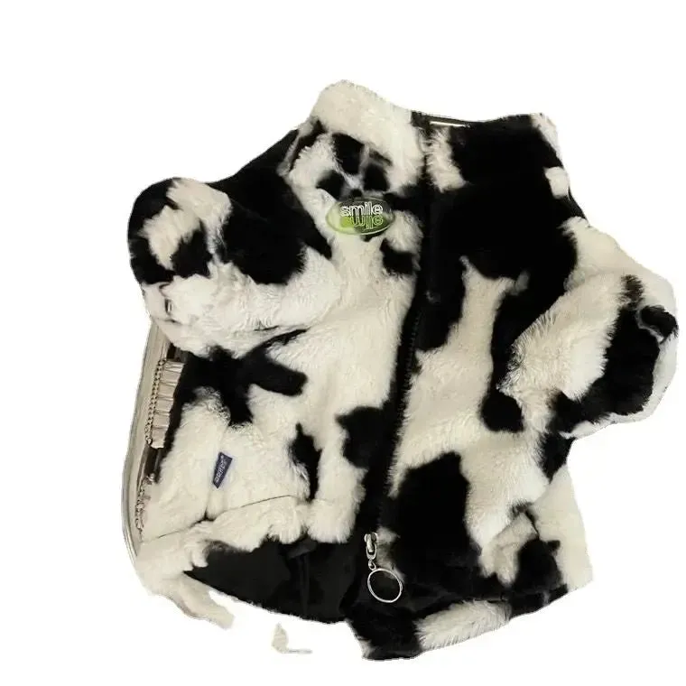 Anniepaw Pet Dog Coat for Small Medium Dogs Cow Pattern Plush Thickening Dog Clothes Winter Warm Dog Coat Jacket French Bulldog Clothing