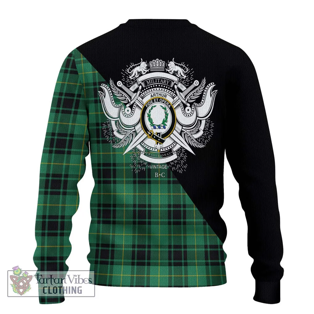 Arthur Ancient Tartan Ugly Sweater with Family Crest and Military Logo Style