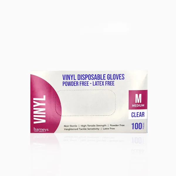 Barneys Vinyl Disposable Gloves Powder Free - Clear - Medium - 100 Pieces