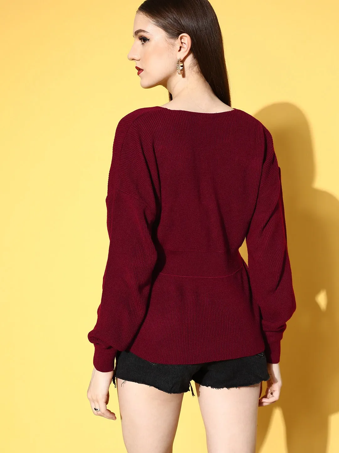 Berrylush Women Solid Maroon V-Neck Drop-Shoulder Acrylic Curved Hem Peplum Pullover