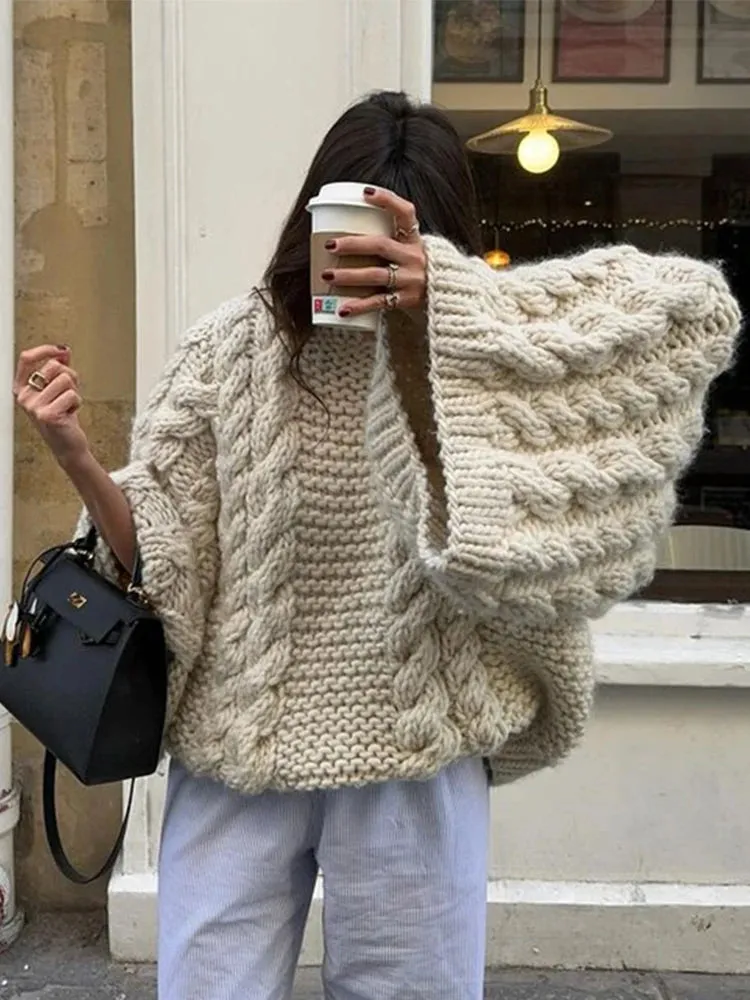 Big Twist Loose Women's Sweater Fashion Knit Warm Turtleneck Lantern Sleeve Female Pullover 2024 Autumn Winter Lady Jumper