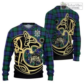 Black Watch Modern Tartan Ugly Sweater with Family Crest Celtic Wolf Style