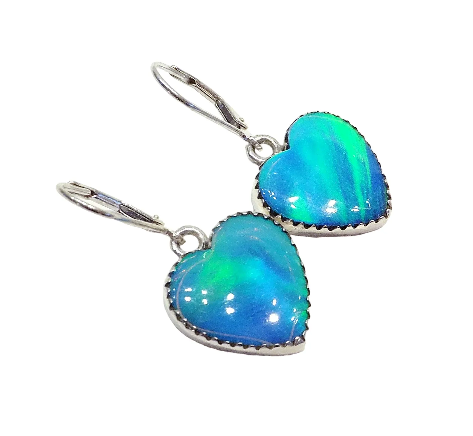 Blue Aurora Opal Heart Drop Earrings