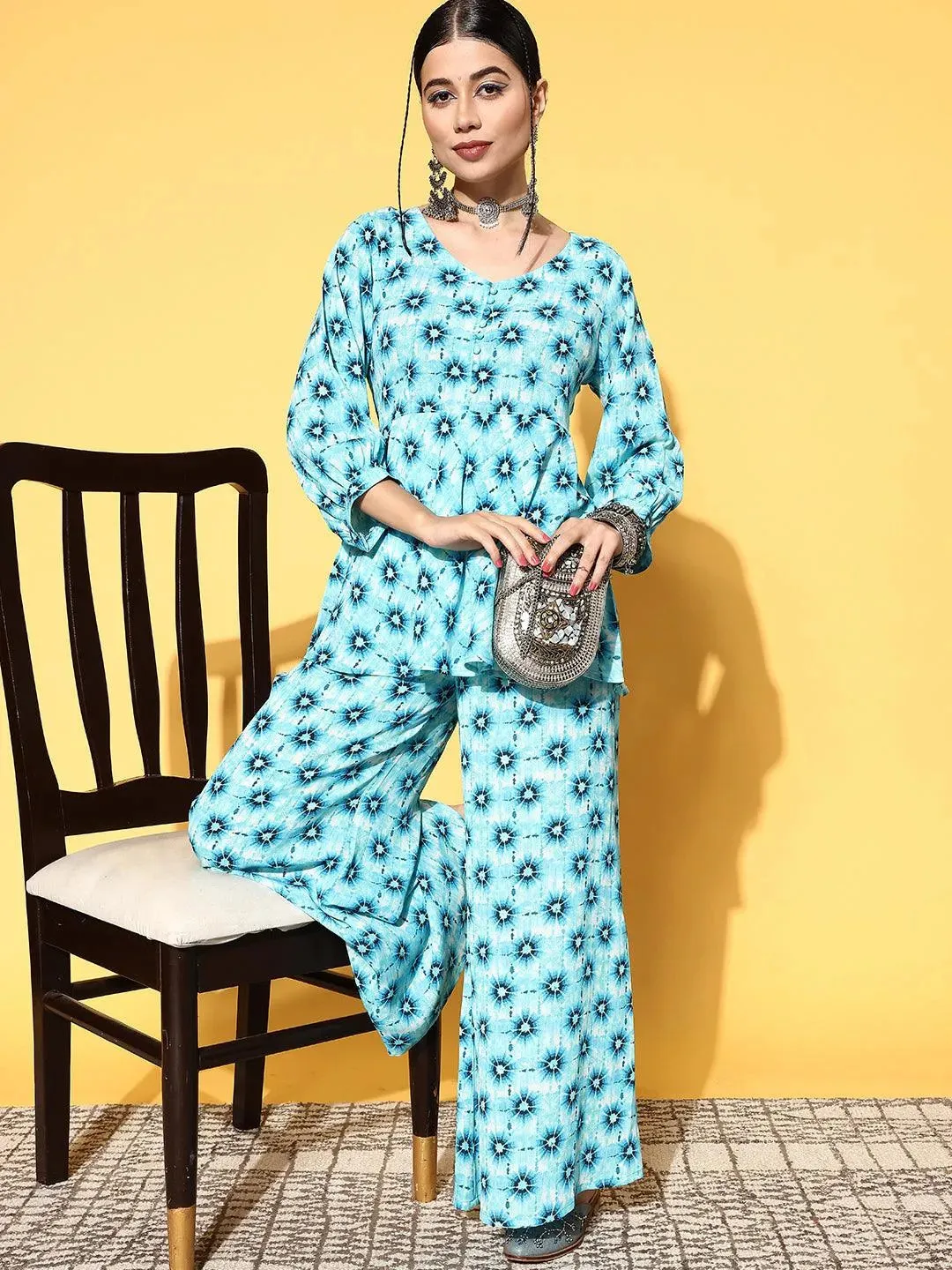 Blue Printed Georgette Tunic Top With Palazzos