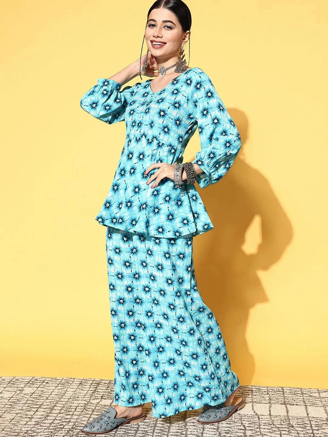 Blue Printed Georgette Tunic Top With Palazzos