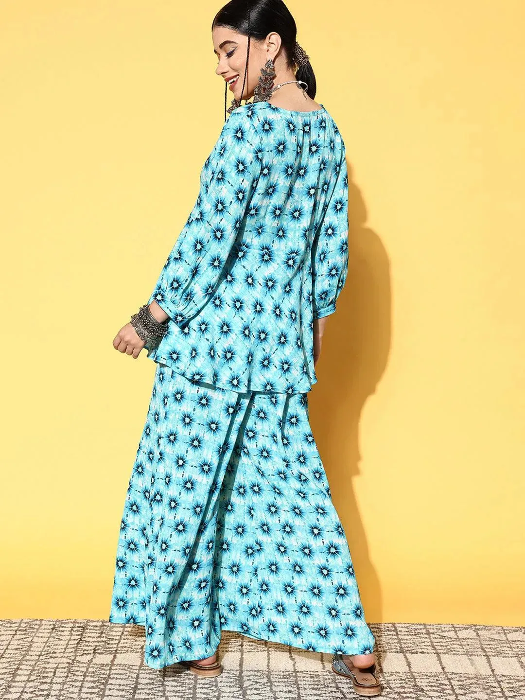 Blue Printed Georgette Tunic Top With Palazzos