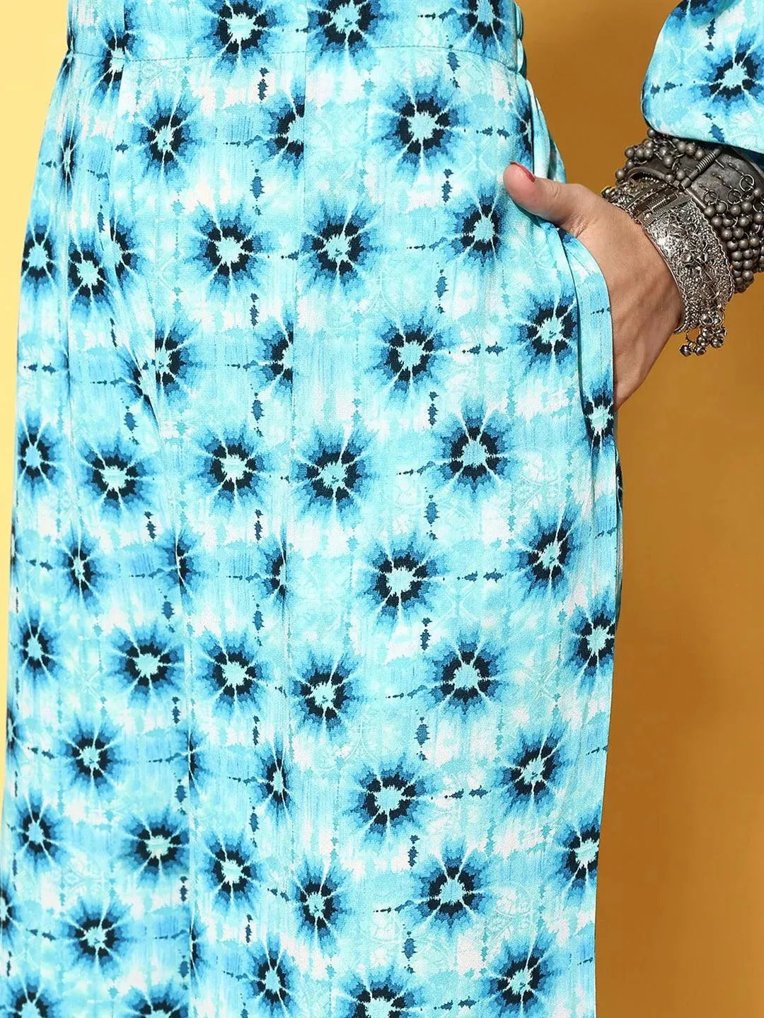 Blue Printed Georgette Tunic Top With Palazzos