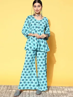 Blue Printed Georgette Tunic Top With Palazzos