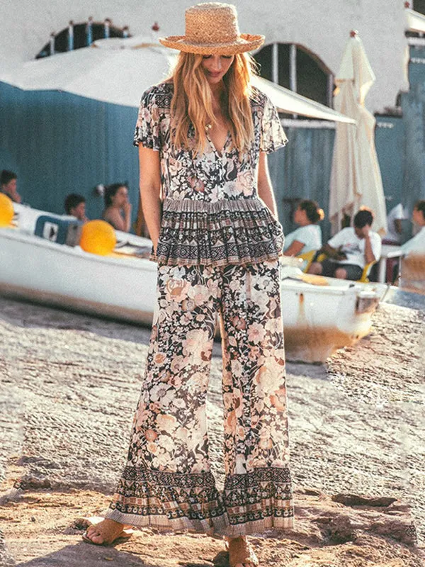 Boho Summer V-neck Print Beach Holiday 2 Piece Tops Pants Outfits