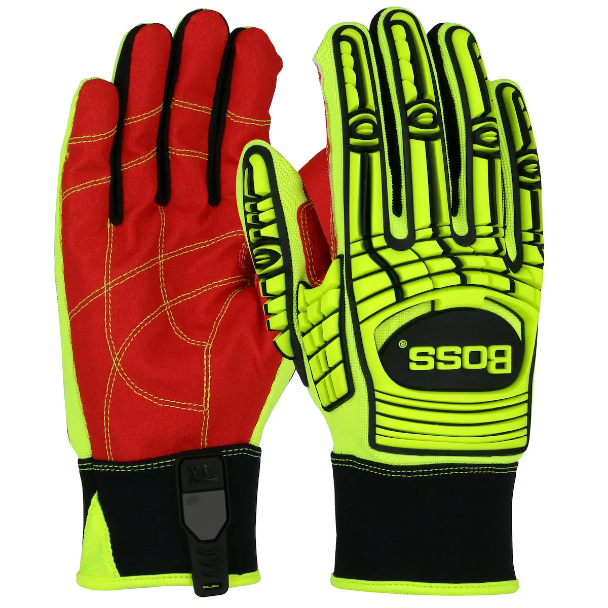 Boss 120-MP2120 Red PVC Grip Palm and Spandex Back TPR Impact Protection Safety Gloves (One Dozen)