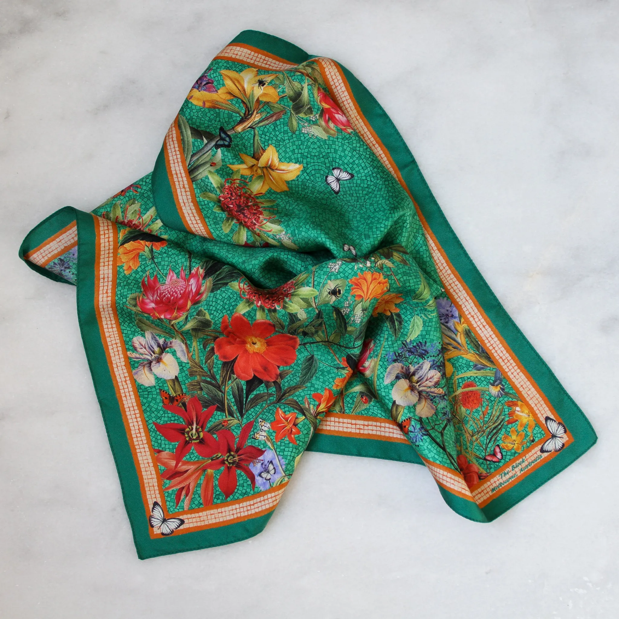 'Botanica Emerald' mini 100% Silk Kerchief Italian made Scarf  53cm x 53cm