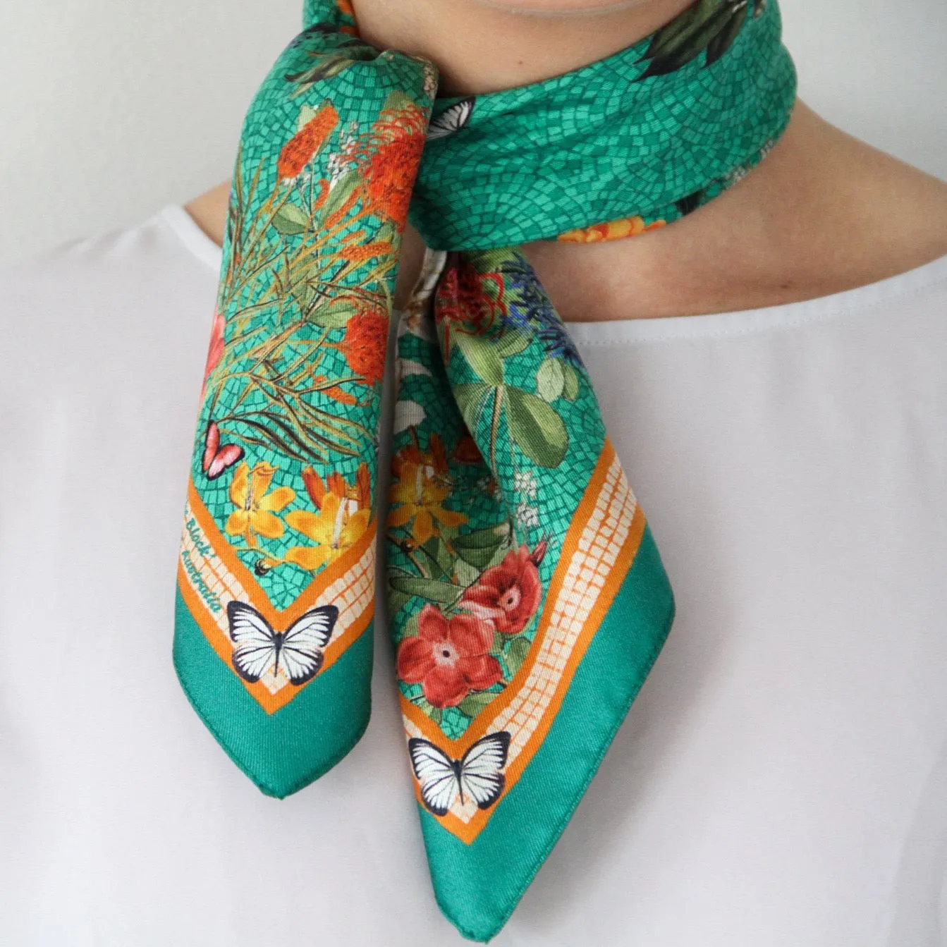 'Botanica Emerald' mini 100% Silk Kerchief Italian made Scarf  53cm x 53cm