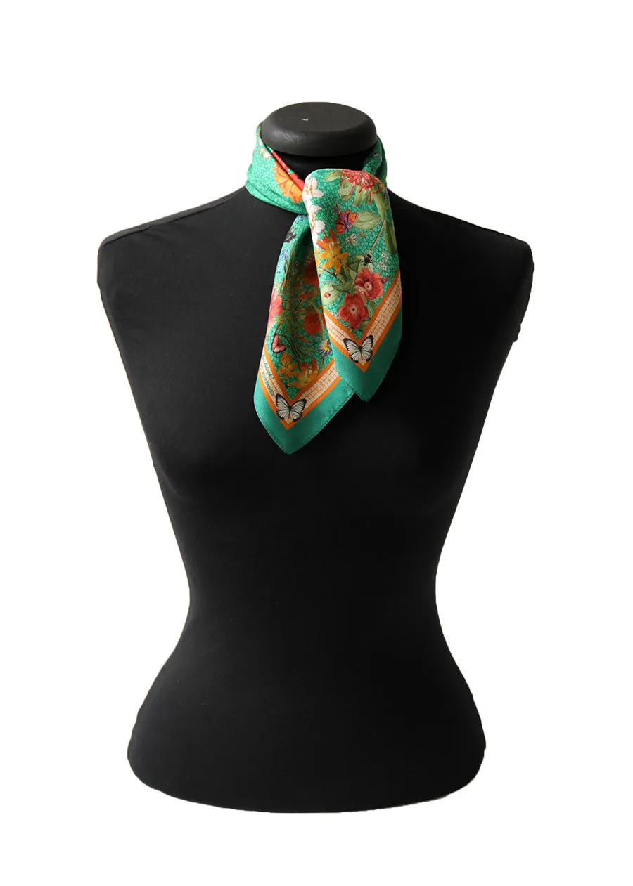 'Botanica Emerald' mini 100% Silk Kerchief Italian made Scarf  53cm x 53cm