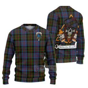 Bowie Tartan Ugly Sweater with Family Crest and Bearded Skull Holding Bottles of Whiskey