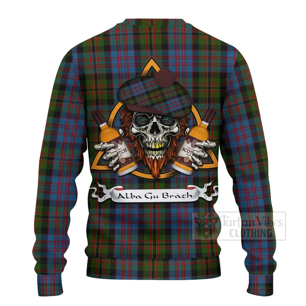 Bowie Tartan Ugly Sweater with Family Crest and Bearded Skull Holding Bottles of Whiskey