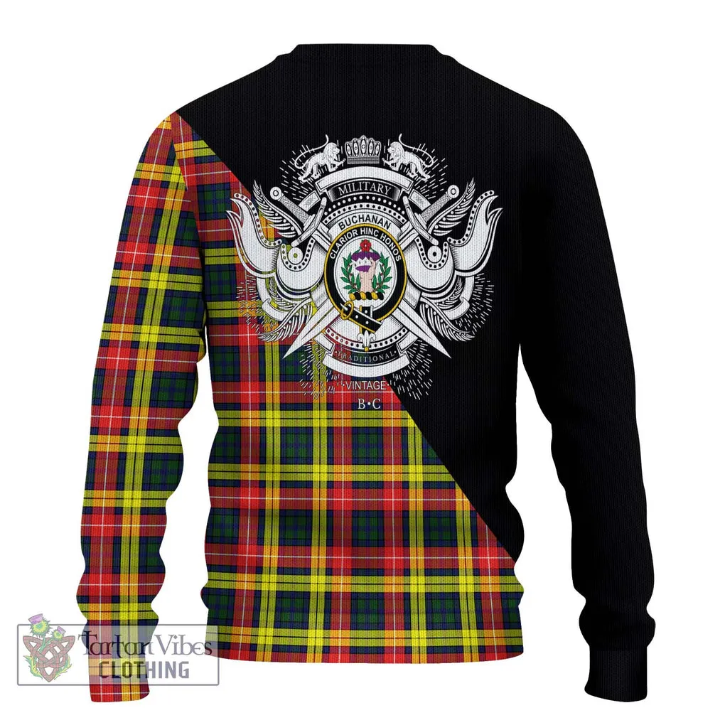 Buchanan Modern Tartan Ugly Sweater with Family Crest and Military Logo Style