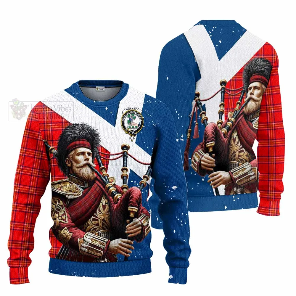 Burnett Tartan Knitted Sweater with Family Crest Scottish Bagpiper Vibes