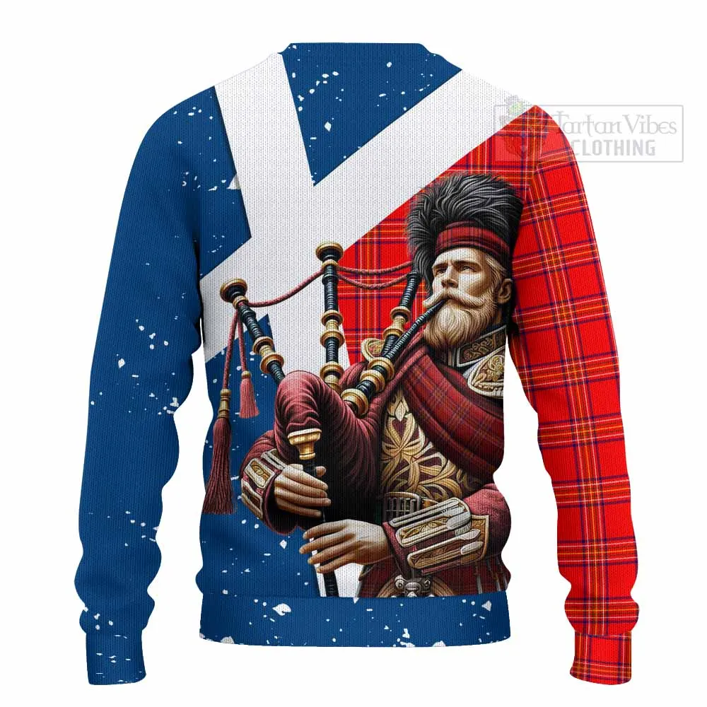 Burnett Tartan Knitted Sweater with Family Crest Scottish Bagpiper Vibes