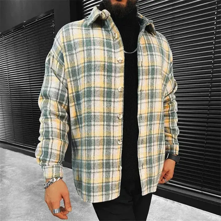 Casual Street style Long sleeve button Flannel plaid Jacket for men