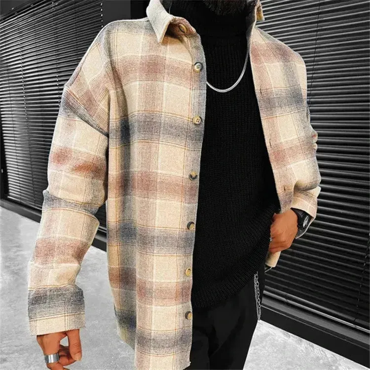 Casual Street style Long sleeve button Flannel plaid Jacket for men