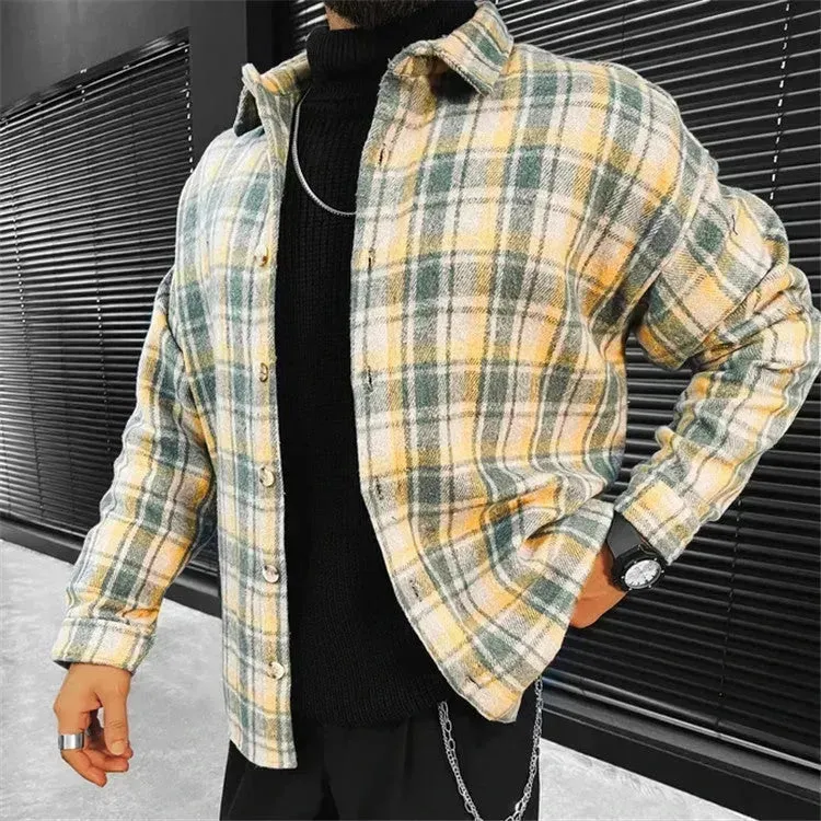 Casual Street style Long sleeve button Flannel plaid Jacket for men