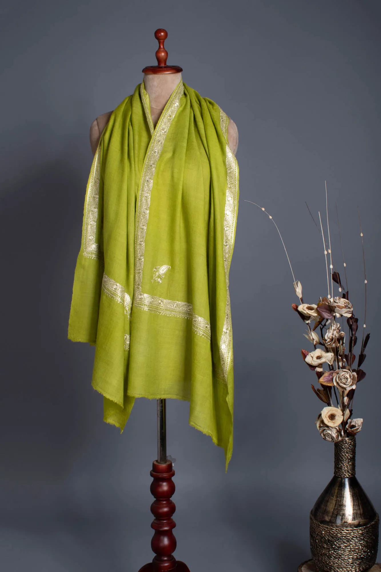 Chartreuse Green Hand Mettalic Silver Embroidery Cashmere Scarf