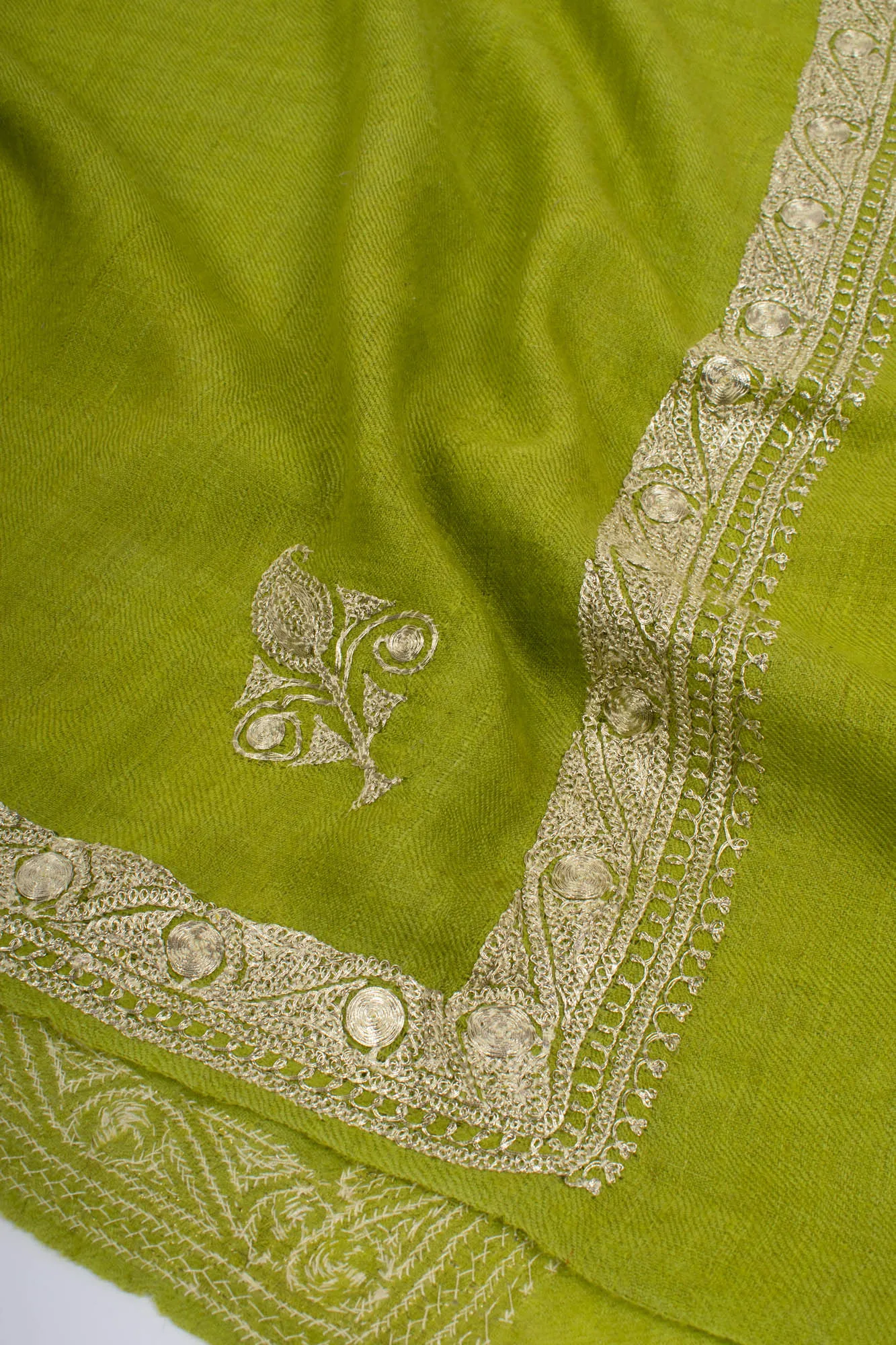 Chartreuse Green Hand Mettalic Silver Embroidery Cashmere Scarf