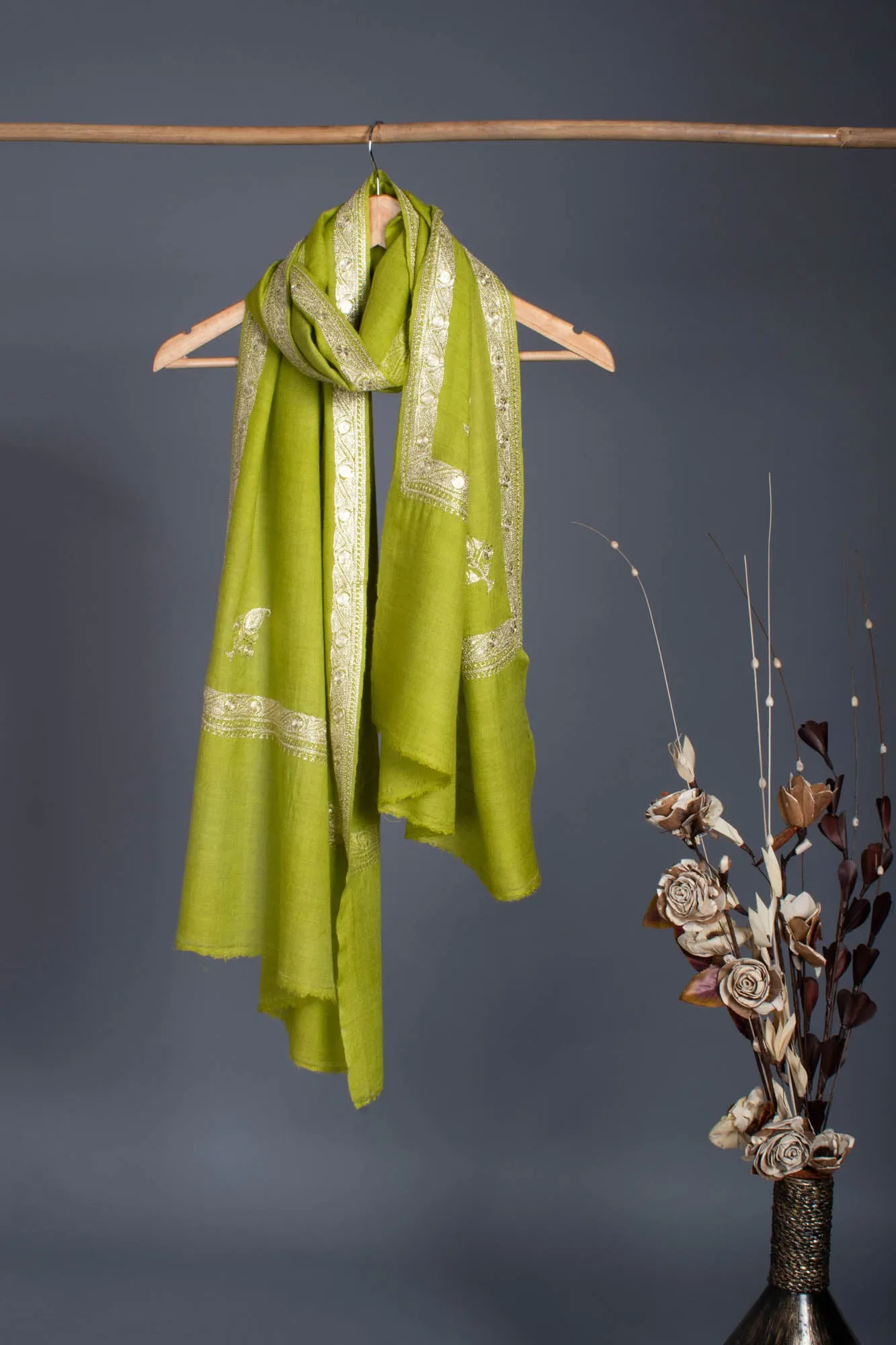 Chartreuse Green Hand Mettalic Silver Embroidery Cashmere Scarf