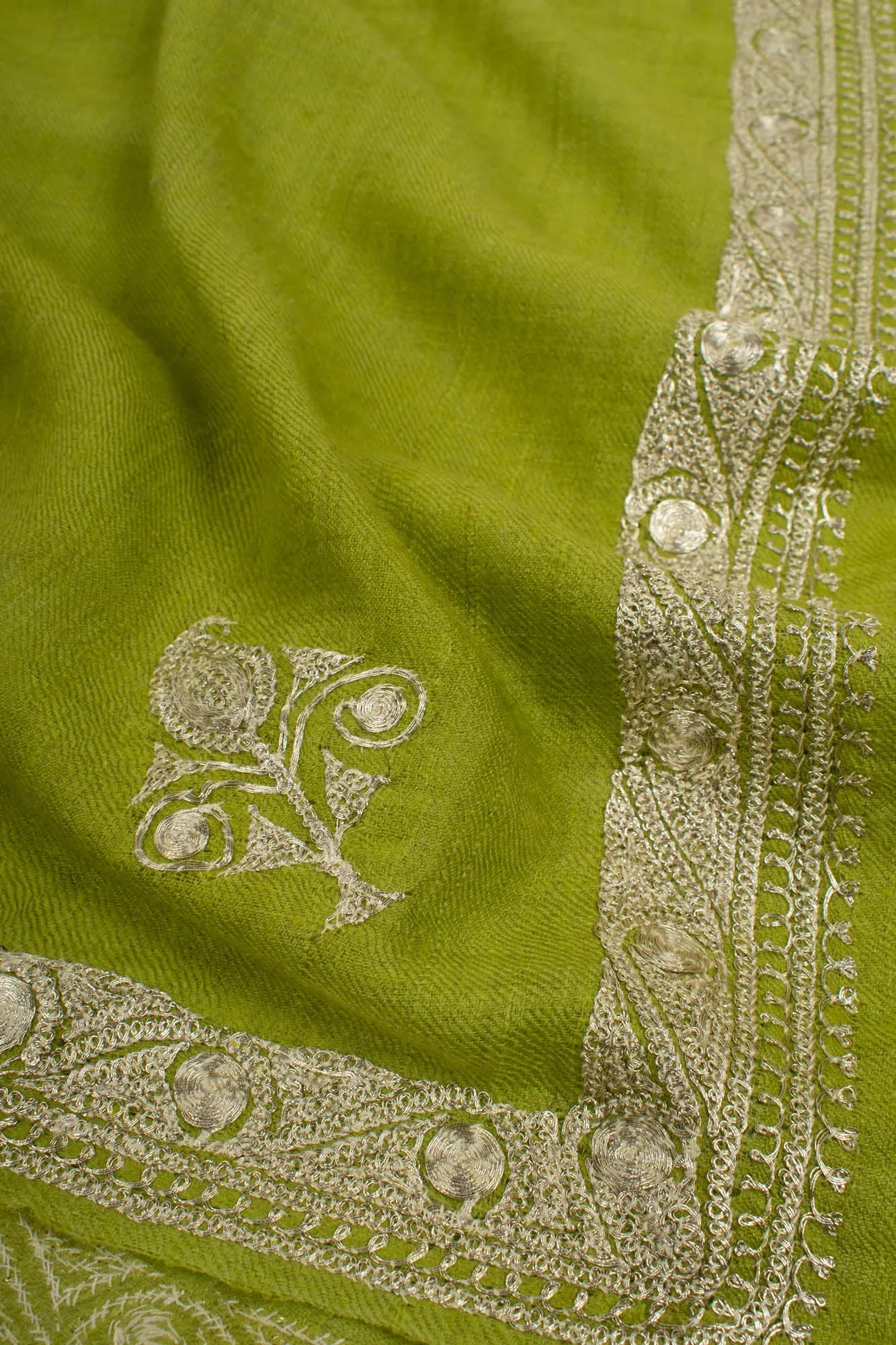 Chartreuse Green Hand Mettalic Silver Embroidery Cashmere Scarf