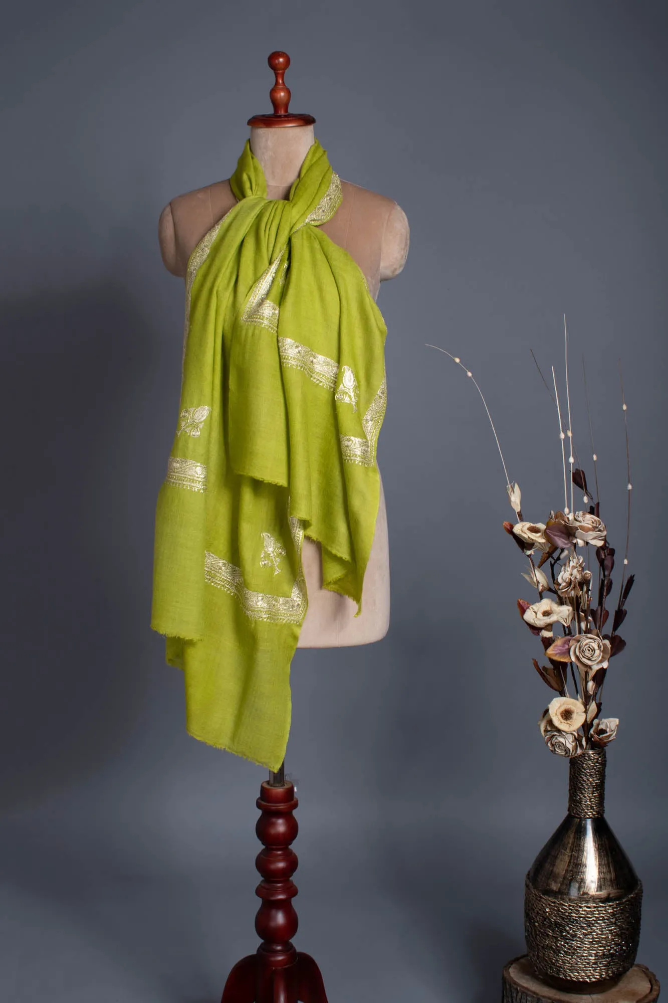 Chartreuse Green Hand Mettalic Silver Embroidery Cashmere Scarf