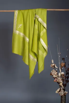 Chartreuse Green Hand Mettalic Silver Embroidery Cashmere Scarf