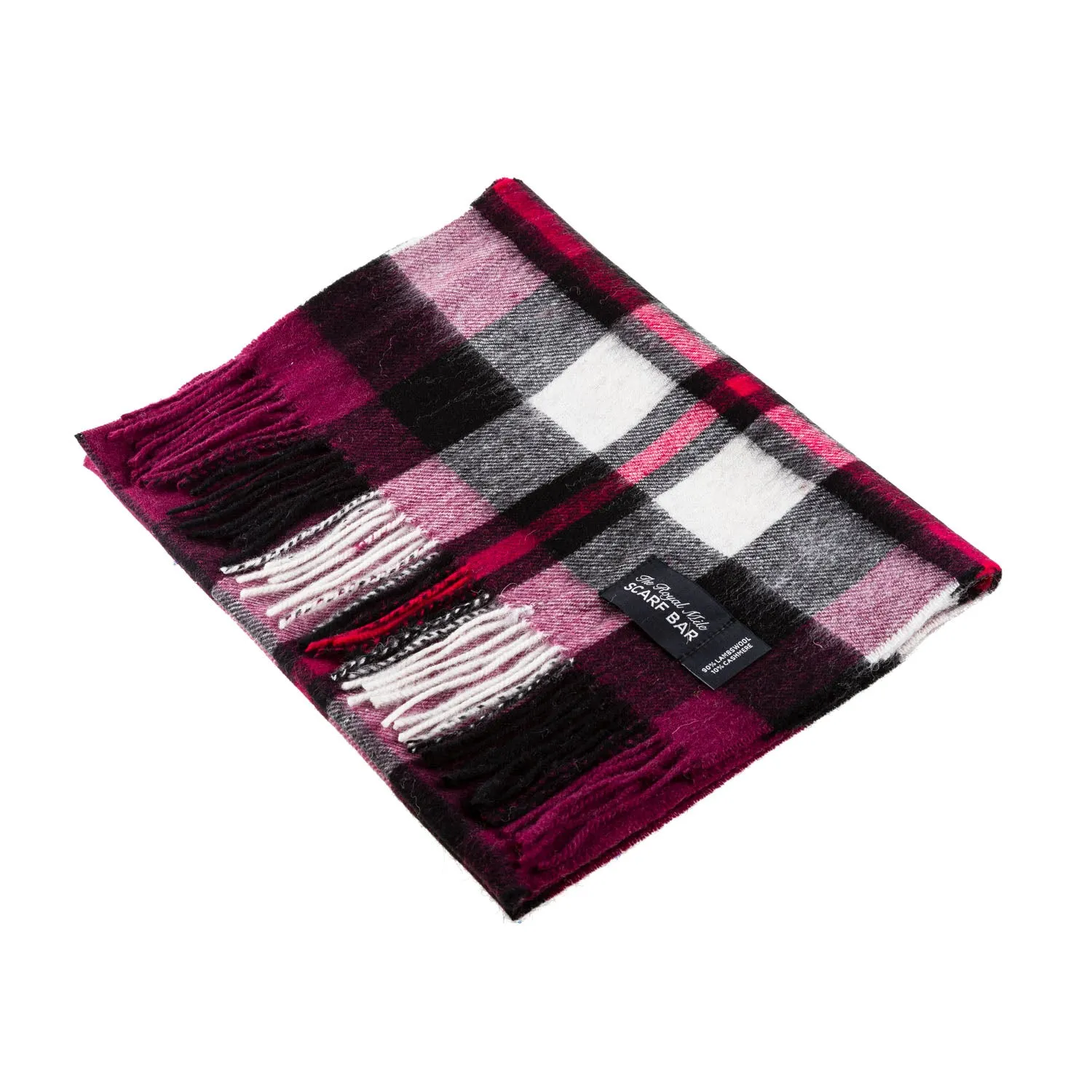 Chequer Tartan 90/10 Cashmere Scarf Bar  Exploded Damson