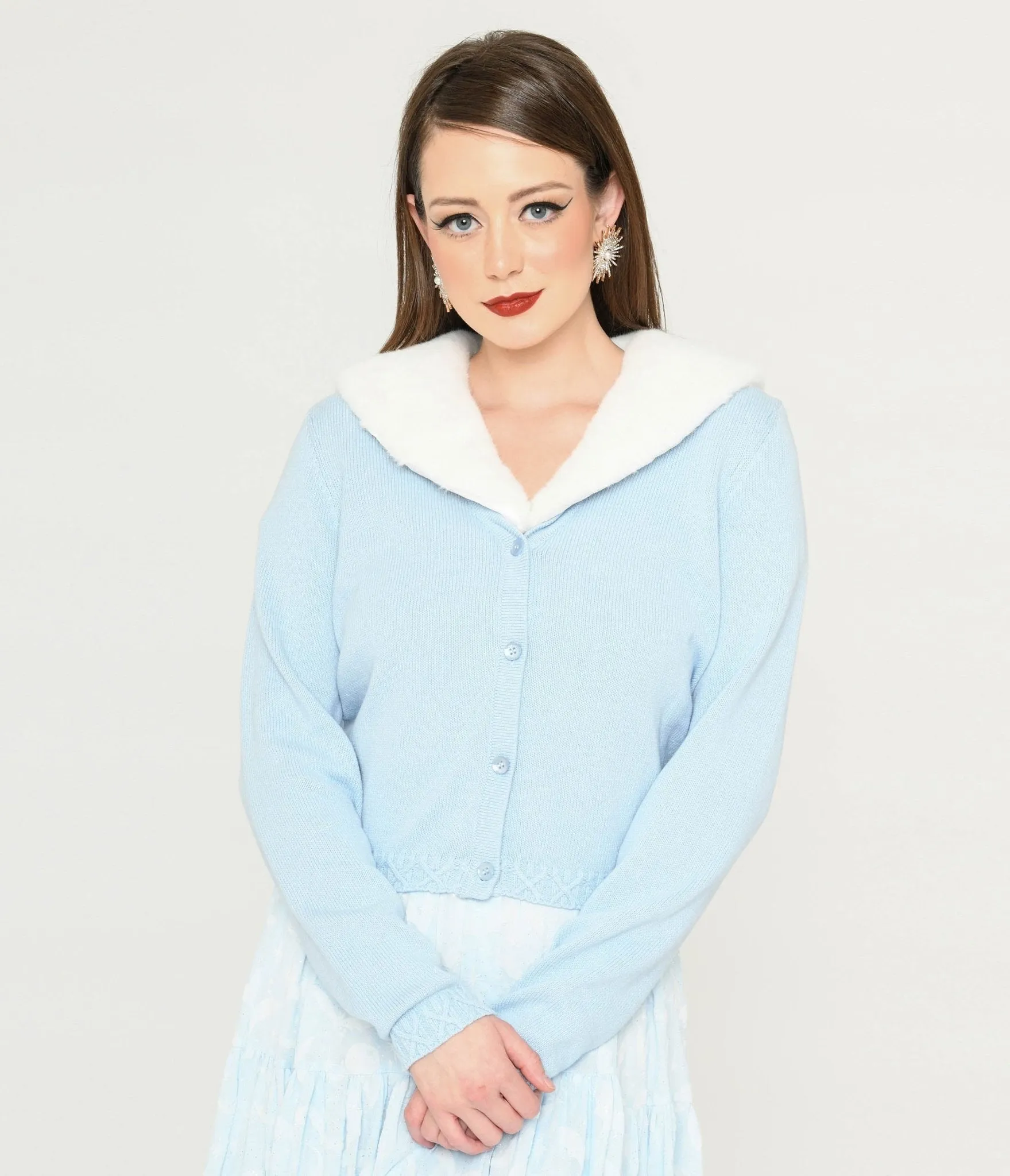 Collectif Light Blue & Faux Fur Collar Cardigan