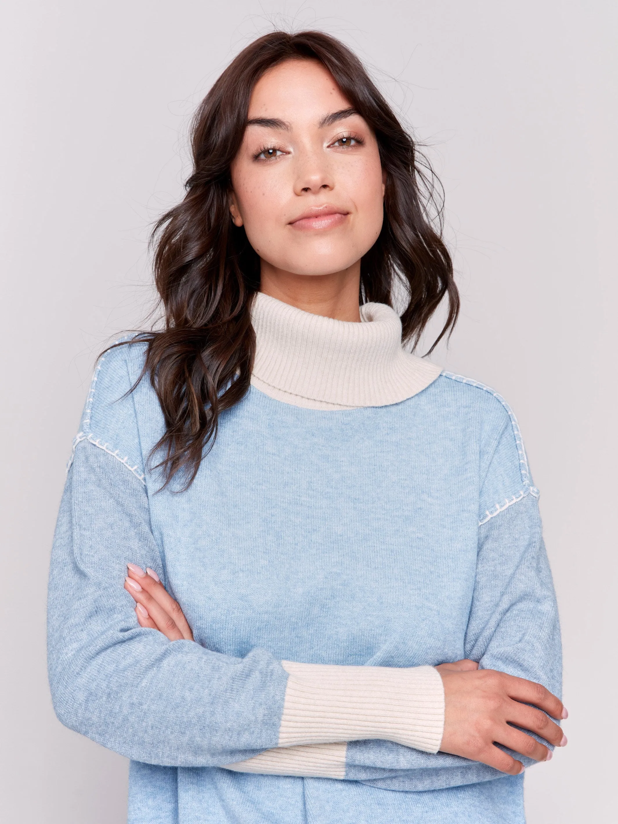 Color Block Turtleneck Sweater - Frost - H-Frost