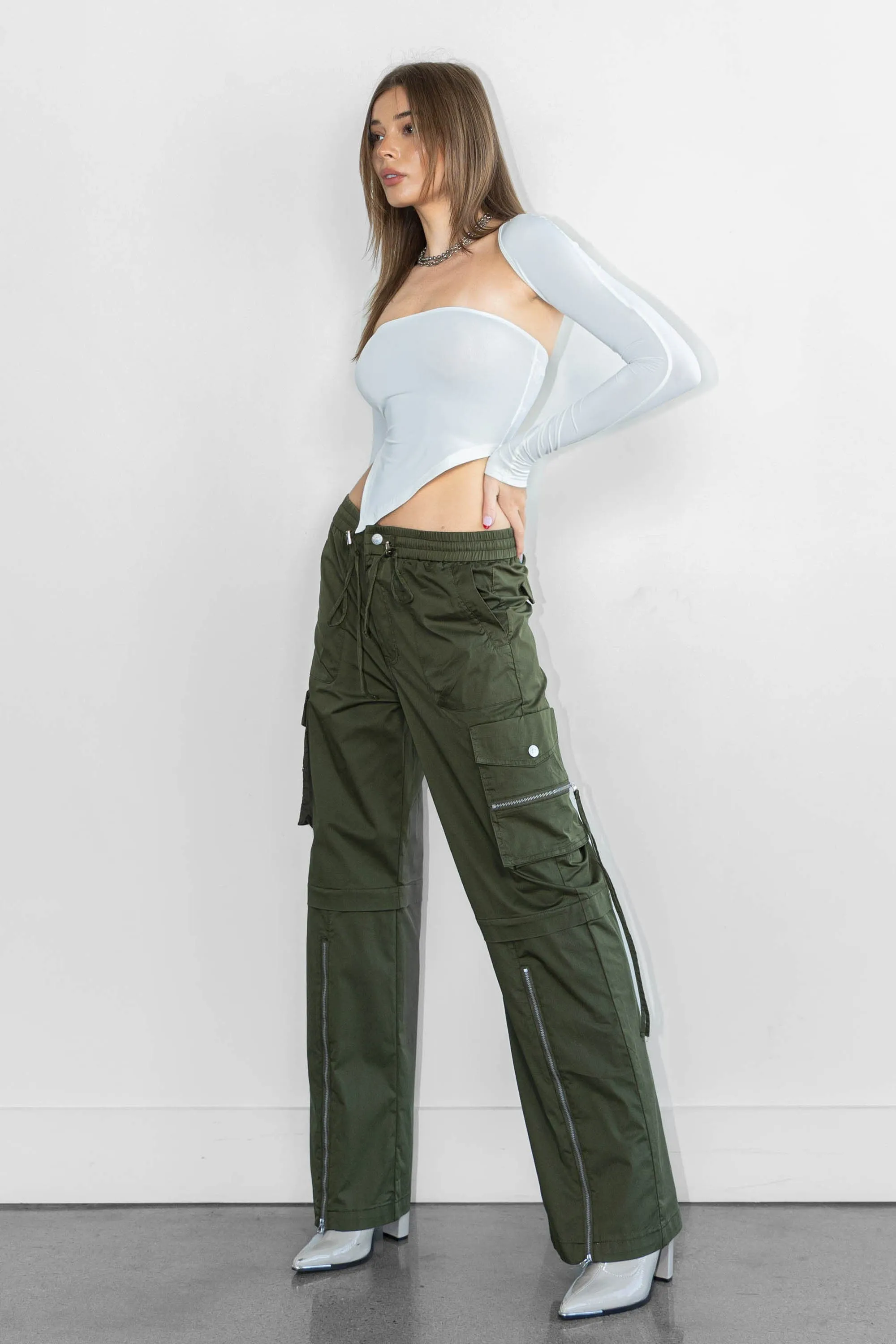 Color Cargo Pants with Zip Front Slit