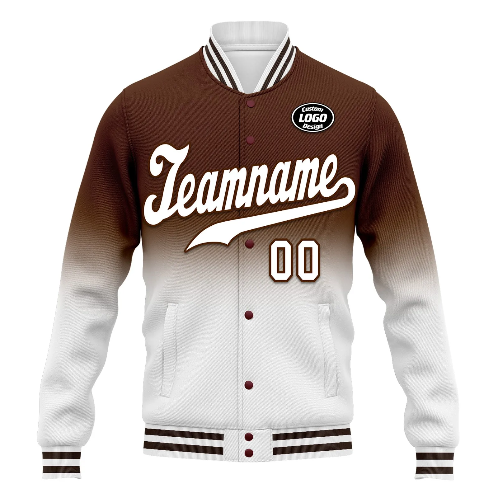 Custom Brown White Fade Fashion Jacket Bomber Full-Snap Varsity Letterman Personalized Jacket FZ005-D020229-24